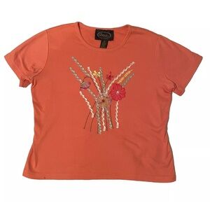 Alex Kim Women's Petite Medium Orange Floral Applique Shirt